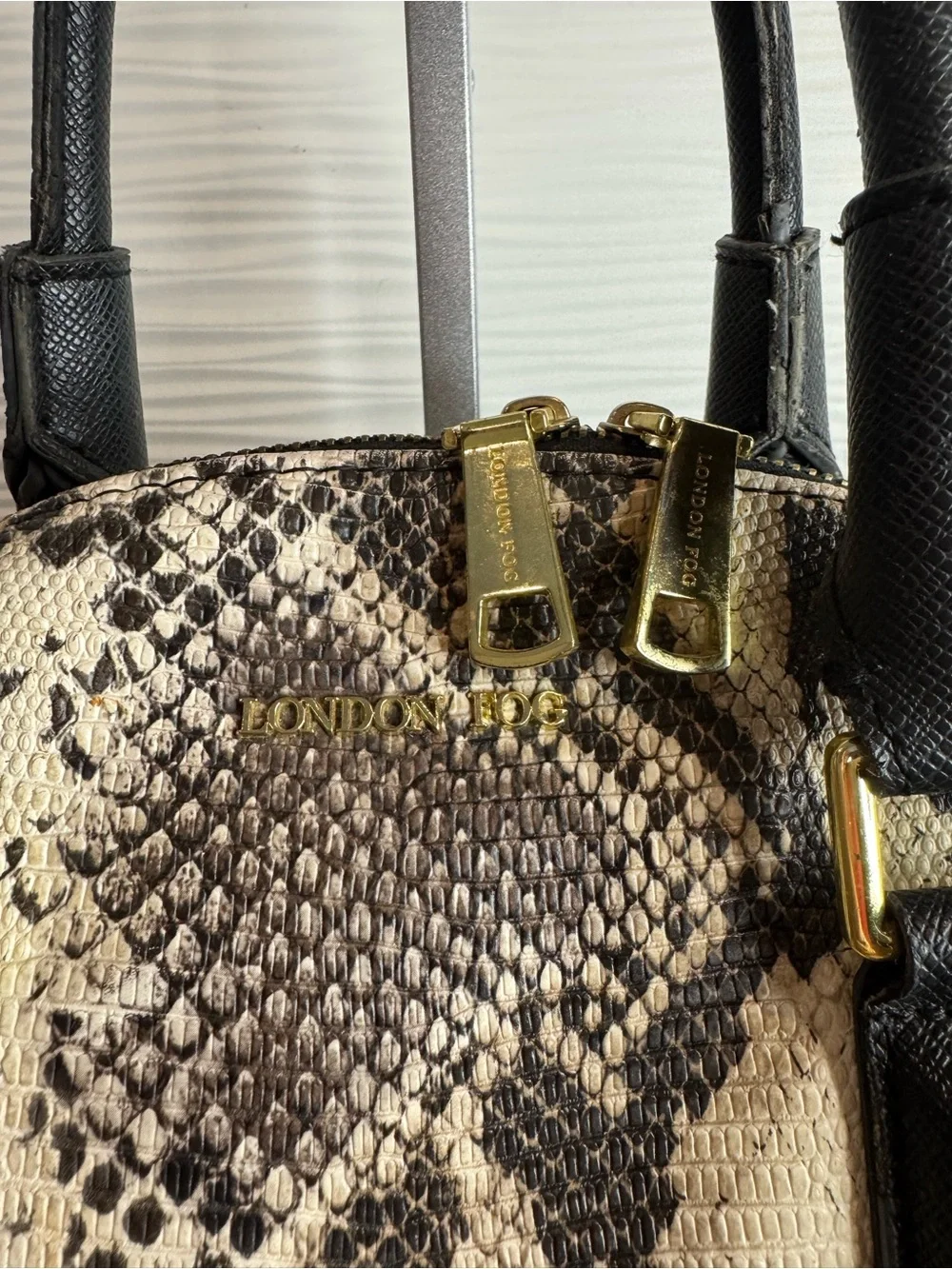 London Fog Black and Beige Python-Print Dome Satchel